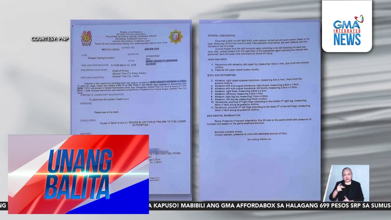 "Severe blunt force trauma to the lower extremities" ang ikinamatay ng umano'y hazing victim sa Cavite, batay sa medico-legal report | Unang Balita