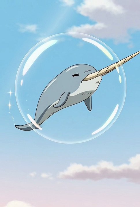 Anime AI video Narwhal floating in a bubble