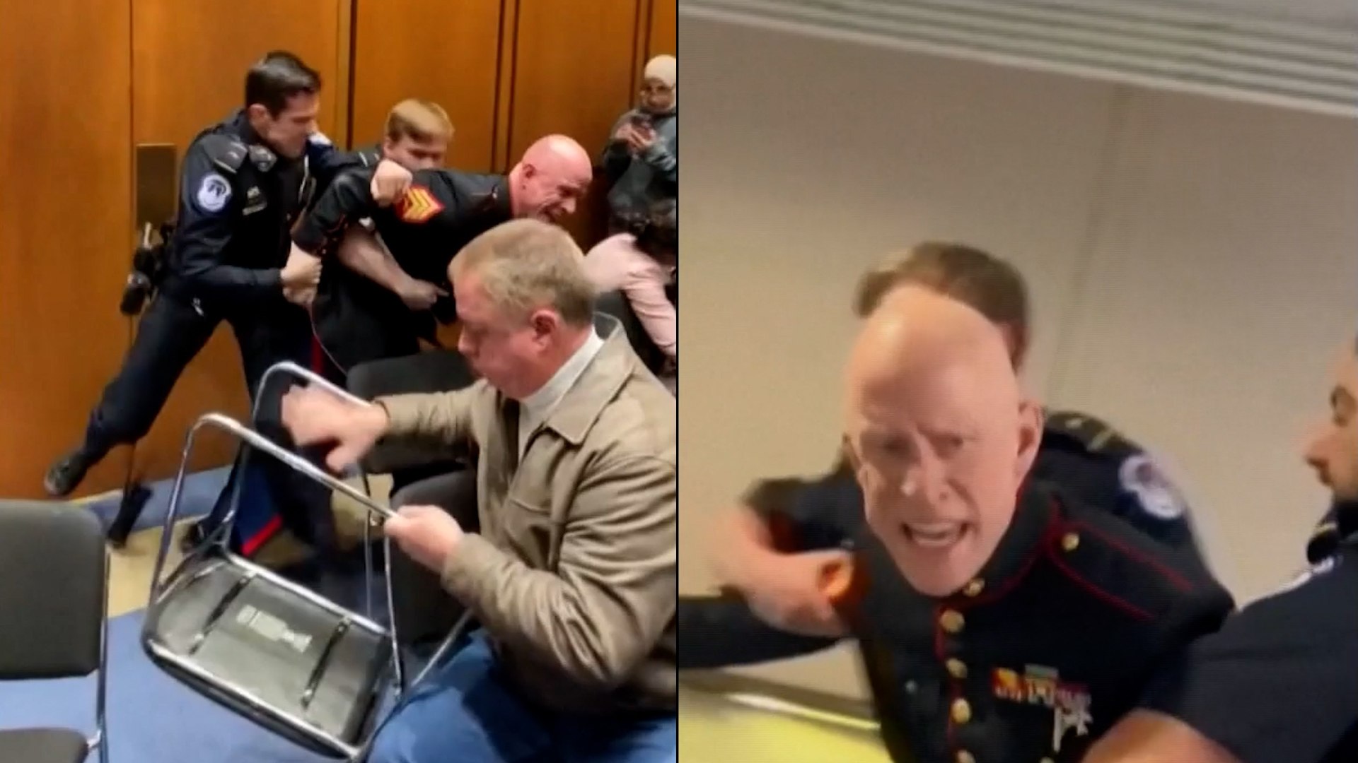 Washington D.C. &ndash; Una audiencia del subcomit� de Servicios Armados del Senado de los Estados Unidos termin� en un violento altercado cuando Brian McGinnis, un veterano del Cuerpo de Marines, fue retirado por la fuerza tras manifestarse ruidosamente contra la reciente acci�n militar estadounidense en Ir�n,. El incidente culmin� con McGinnis sufriendo una fractura visible en el brazo mientras era desalojado del recinto por la polic�a y un senador,.