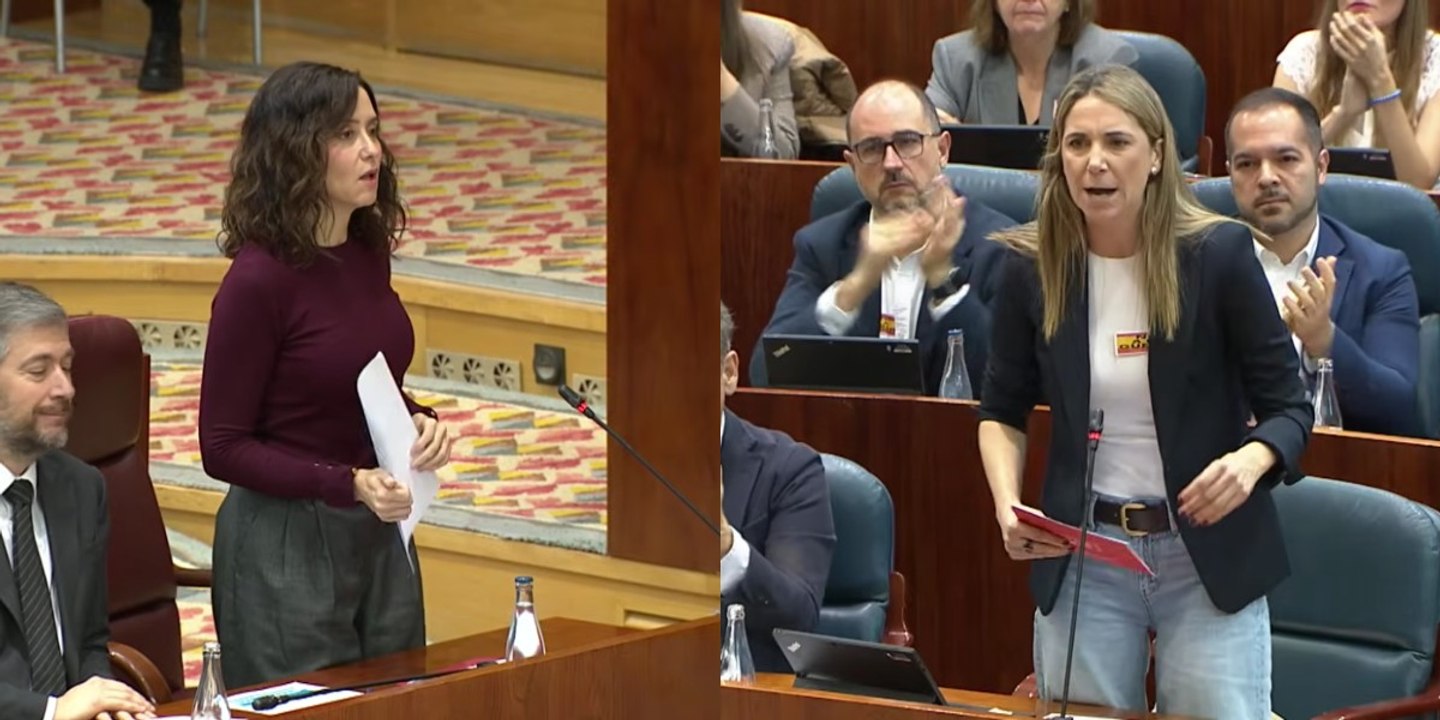 Ayuso derriba a la recadera del "infantil" Sánchez haciendo pedazos la reutilizada pancarta progre del 'No a la Guerra'