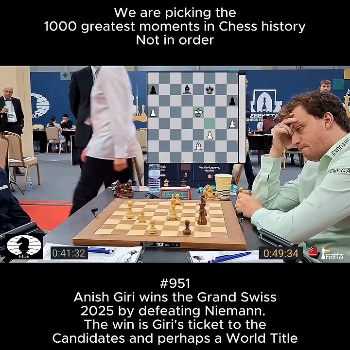 Anish Giri wins the Grand Swiss 2025 by defeating Niemann. The win is Giri's ticket to the Candidates and perhaps a World Title.