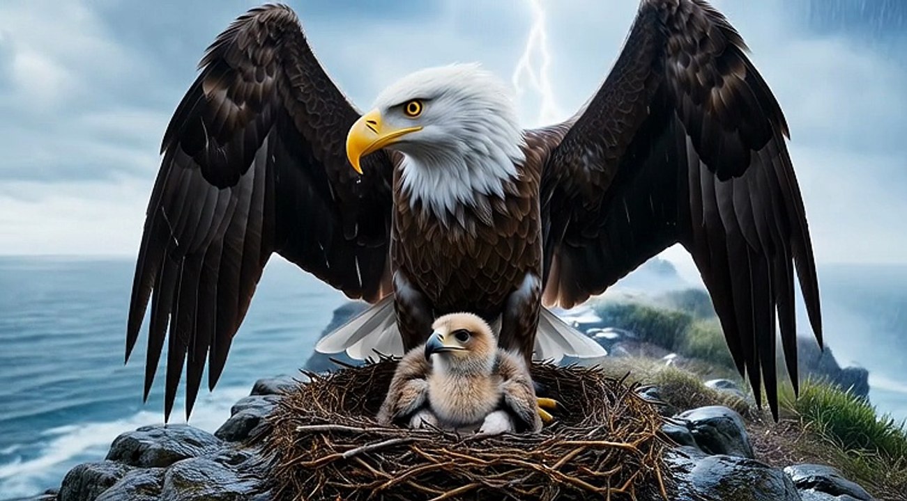 Bald Eagle Shields Chick From Storm ,Storm vs Mother Eagle — Nature’s Fiercest Protection