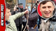 Far-right influencer Jake Lang dodges protesters while parading a goat around Manhattan