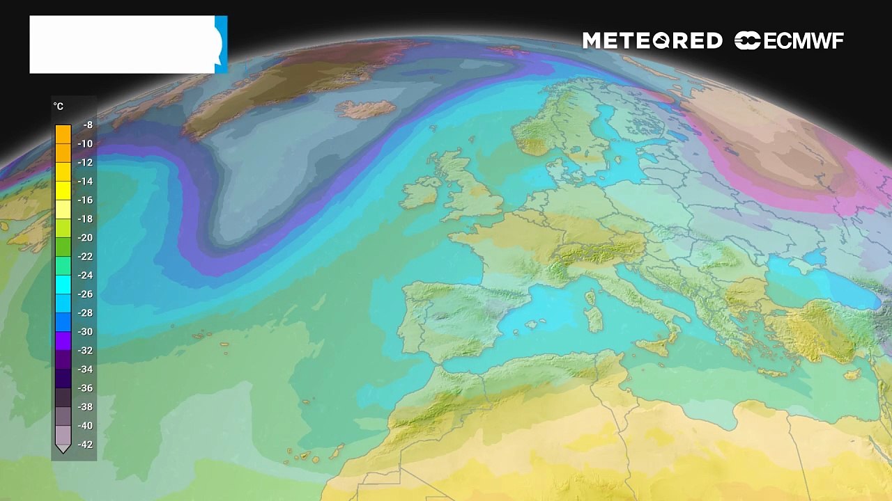 Temperatura a unos 5500 metros de altura prevista por el modelo europeo, mostrando el descuelgue de una nueva DANA
