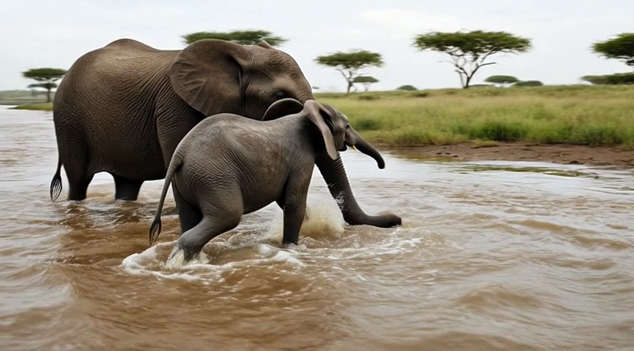 Elephant Helps Baby Cross Flood River 🔥 Elephant Bridge Across the River