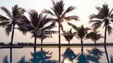 Beautiful Sunny Morning in Tropical Resort, Swimming Pool and Trees on Beach, Full Frame