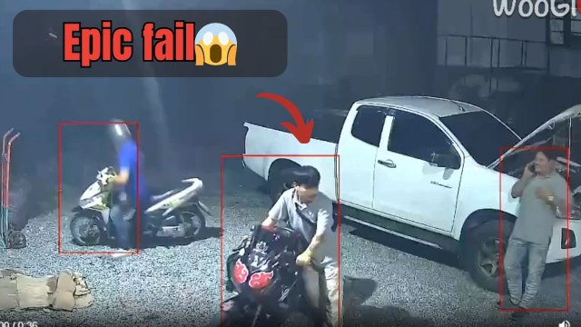 Two Friends Trip While Repositioning Their Parked Bicycles