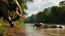 Elephant Saves Baby from Crocodile