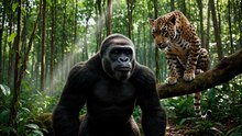 Gorilla Faces Leopard in Jungle
