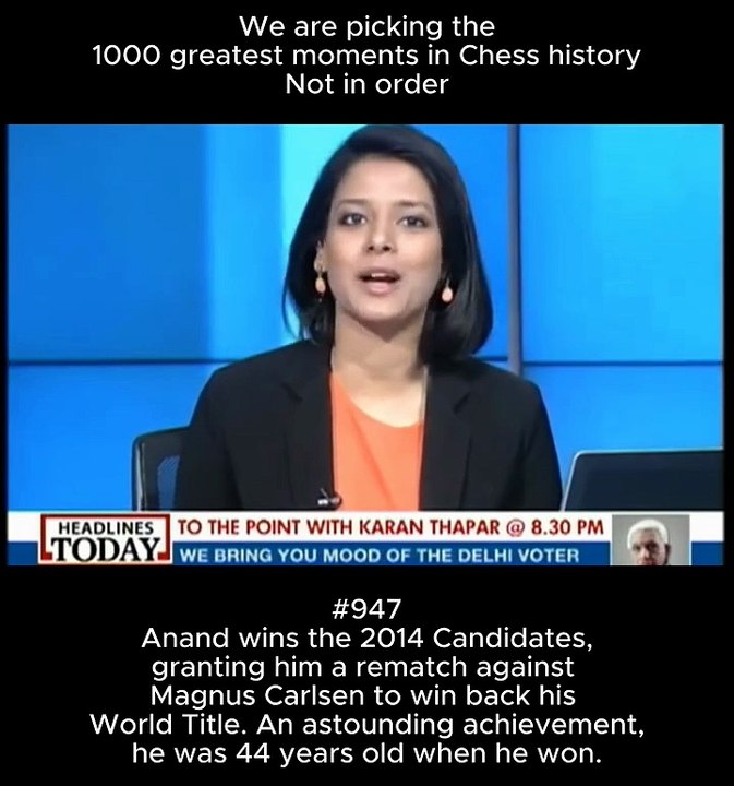 Anand wins the 2014 Candidates, granting him a rematch against Magnus Carlsen to win back his World Title. An astounding achievement, he was 44 years old when he won.