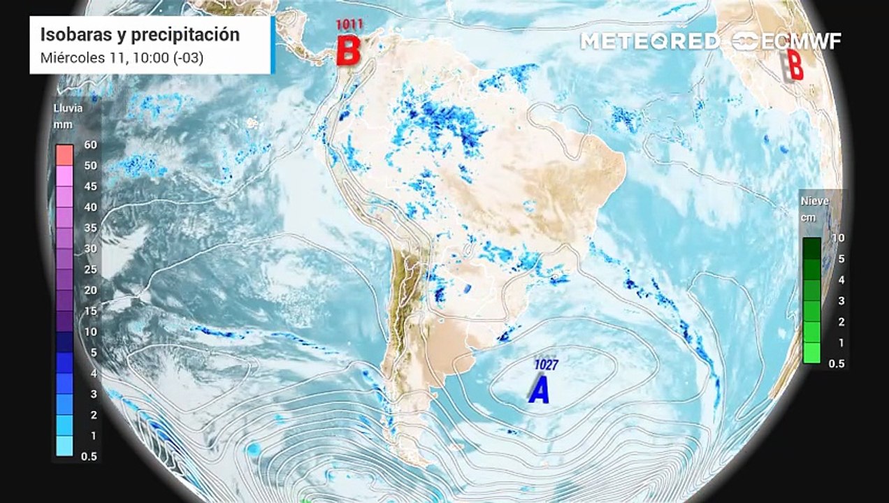Pronóstico de isobaras y precipitación: Miércoles 11 de marzo