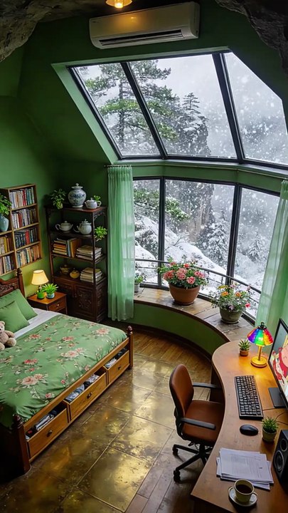 Green Cave Resort bedroom with snowfall