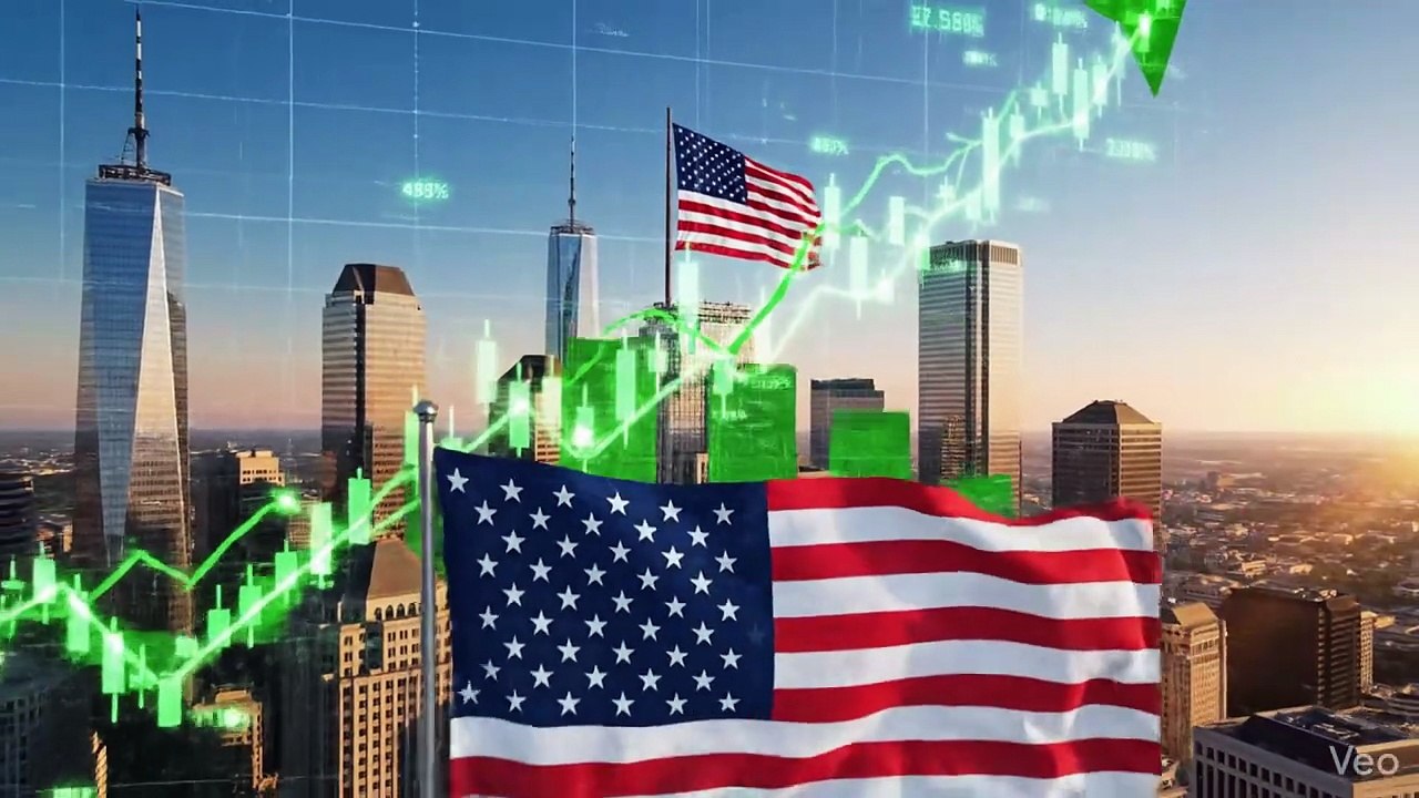 USA economy rising with skyscrapers, stock market charts going up, American flag waving, powerful economy concept