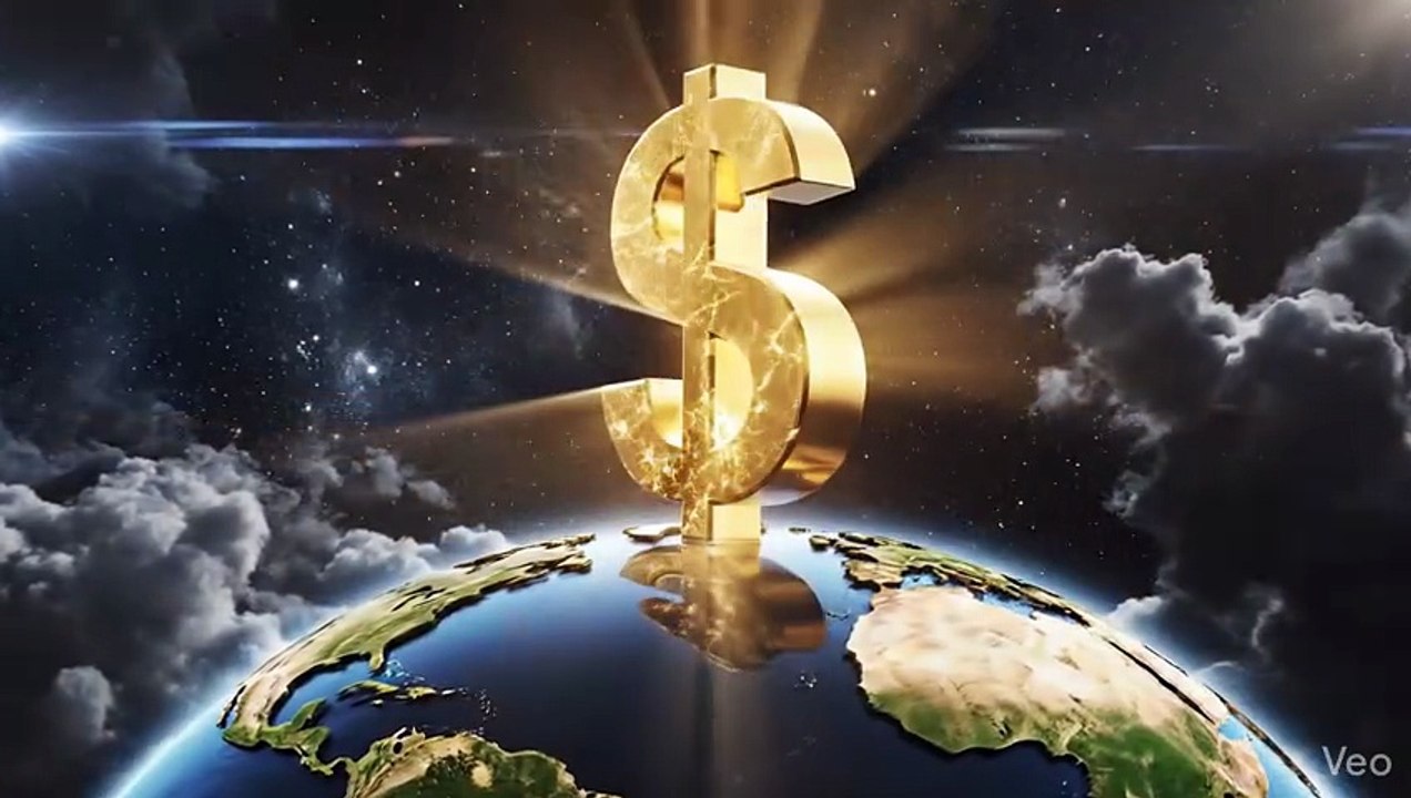 Huge glowing US dollar symbol above world map, representing global economic power, epic cinematic lighting