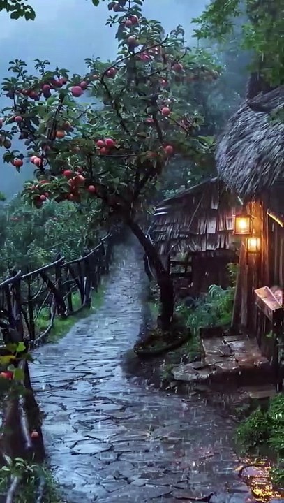 Heavy Rain Mountain Path, Fruit tree, Garden.
