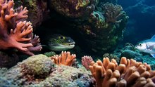 Moray eel lunging from coral reef cave at passing fish.