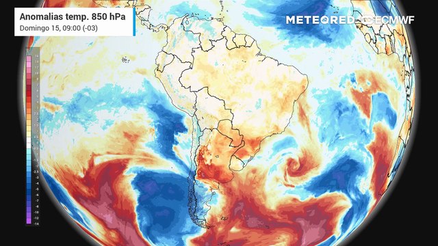 Dominngo, 15 de março: anomalia em 850 hPa (massas de ar)