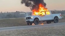 Gripping footage of abandoned Ford truck burning fiercely on the roadside
