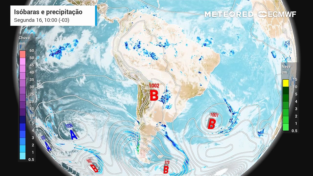 Previsão de pressão, nebulosidade e chuvas até a quarta-feira (18).