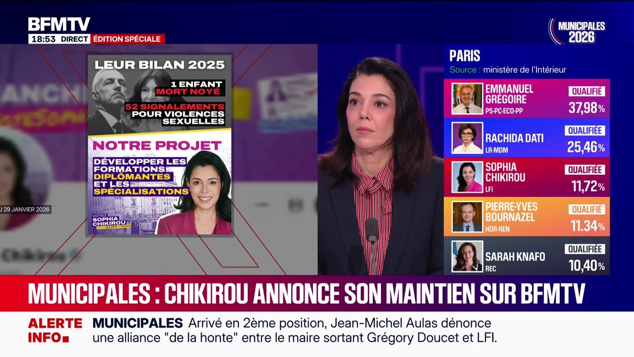 Alliance avec Emmanuel Grégoire?: "Aujourd'hui, ce n'est pas une affaire de personne, on est en train de parler de projet politique", déclare Sophia Chikirou, candidate (LFI) à la mairie de Paris