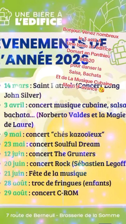 Bonjour 🌞 Venez nombreux le 3 avril à Une bière à l' Édifice a Domart en Ponthieu pour danser la Musique Cubaine, Salsa , Bachata, Reggaeton et plus a partir de 19 h 30 Merci beaucoup ☎️ Réservations au 06 31 12 94 73