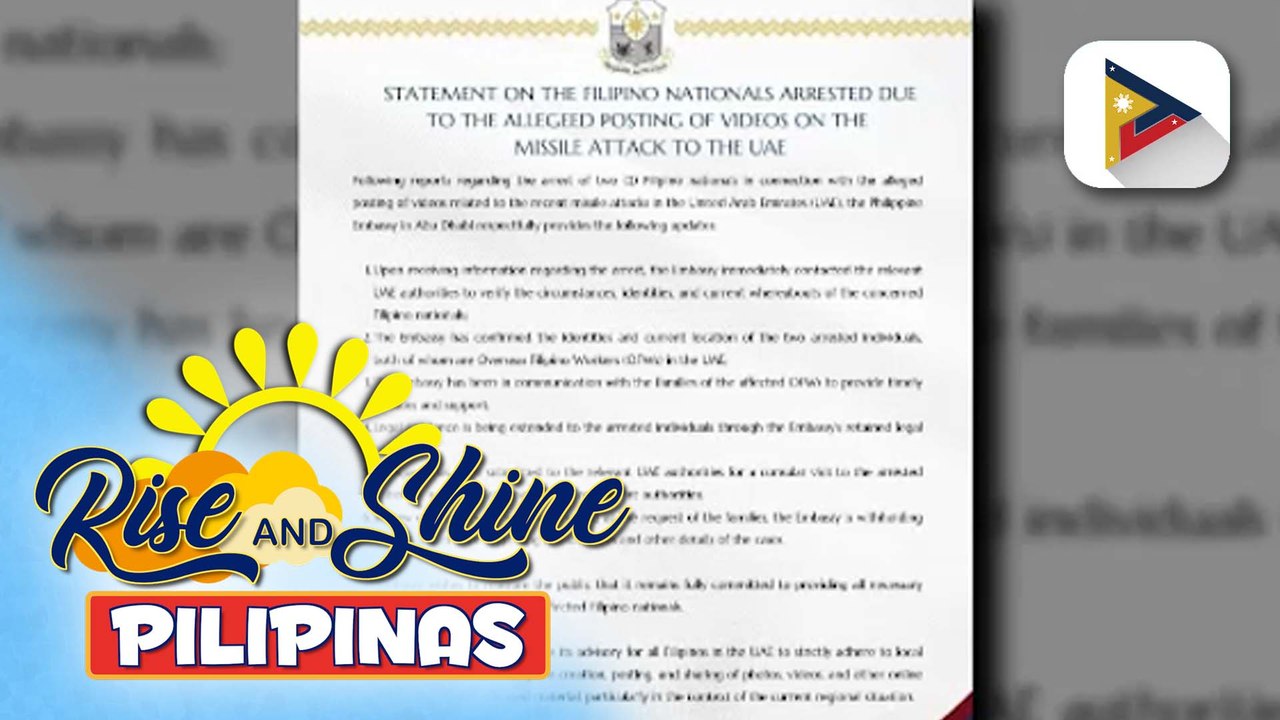 Philippine Embassy sa Abu Dhabi, nakikipag-ugnayan na sa awtoridad ng UAE hinggil sa 2 OFWs na inaresto matapos umanong magpost ng video sa missile attack sa rehiyon