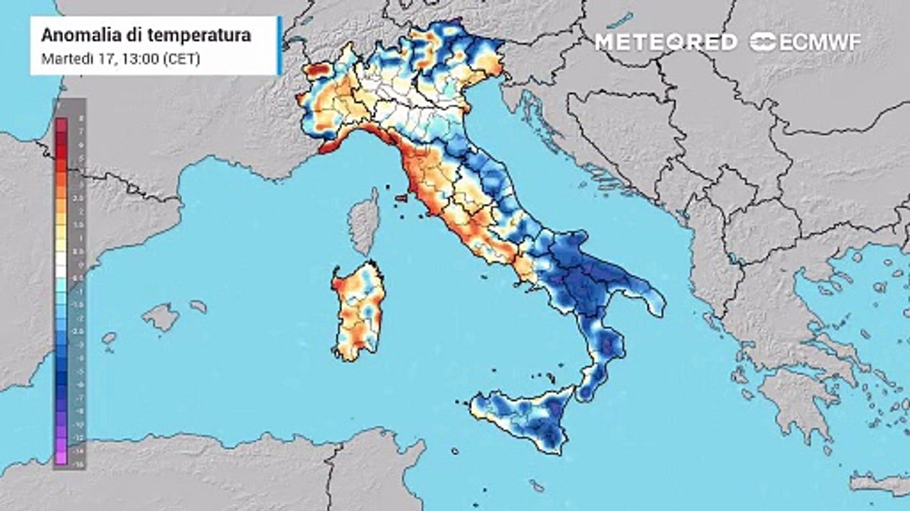 Questa irruzione, sostenuta da un solido campo di alta pressione posizionato tra la Scandinavia e la Gran Bretagna, produrrà temperature di 6-8°C sotto la media del periodo.