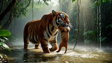 Tiger Saves Cub From Flood