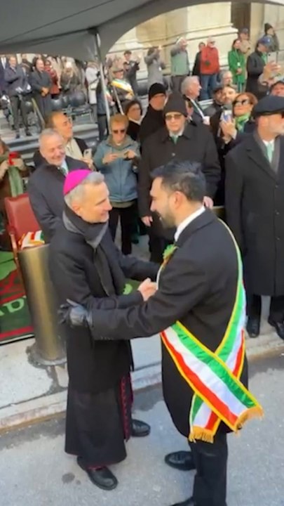 Bishop Hicks greets Mamdani during St. Patrick’s Day in NYC