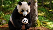 Panda Helps Baby Climb Tree