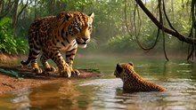 Jaguar Saves Cub From River