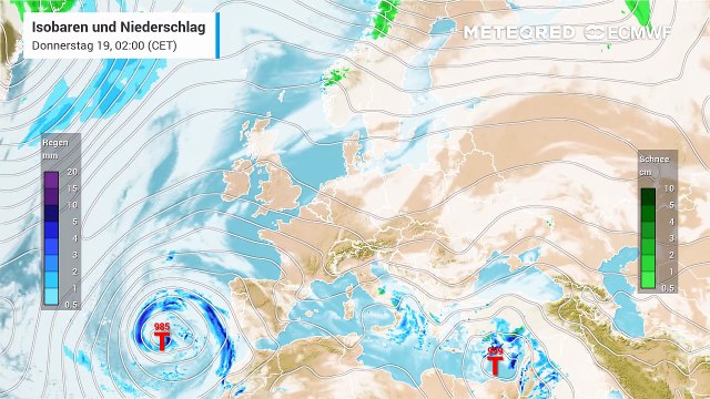 Hochdruck über West- Mittel- und Osteuropa! In Südeuropa sind Tiefs mit Unwettern unterwegs!