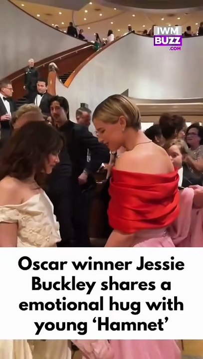 Oscar winner Jessie Buckley shares a emotional hug with her young ‘Hamnet’ co-star Jacobi Jupe at the Oscars 2026