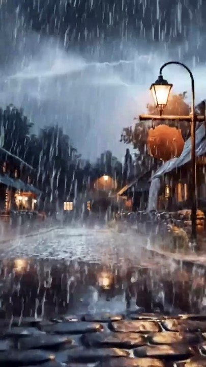 Suara Hujan Deras Terdengar Di Sebuah Desa Pedesaan Yang Tenang Di Malam Hari