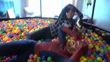 Spiderman vs Venom vs Spidergirl In Real Life Superhero Trampoline Ball Pit Battle + GIANT Monster at the Pumpkin Patch