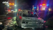 Carro é destruído pelo fogo após acidente com viatura da PM na BR 277