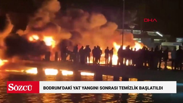 Bodrum'daki yat yangını sonrası temizlik ve enkaz kaldırma çalışması başlatıldı