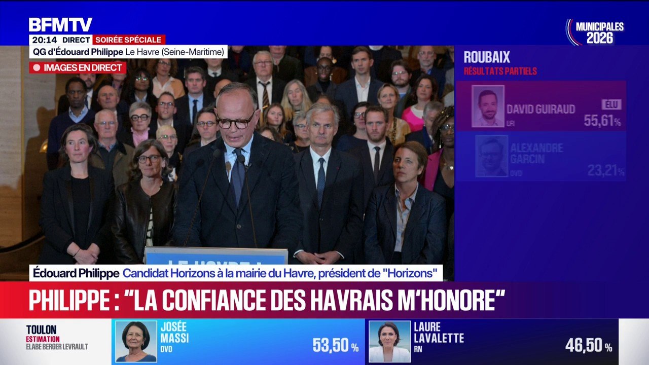 Municipales 2026: "Je ne décevrai pas les Havrais", assure Édouard Philippe réélu maire du Havre