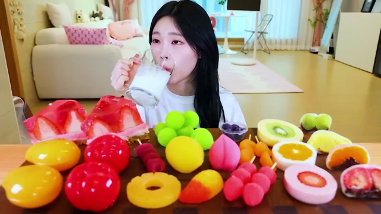 ASMR MUKBANG | Rainbow Fruit jelly desserts, Mochi, Cake, Eating