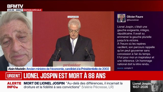 Mort de Lionel Jospin: La gauche a peut-être beaucoup perdu de son retrait de la vie politique , estime Alain Madelin, ancien ministre de l'Économie