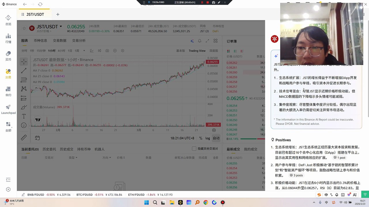 JST一直沿着均线向上，姿势很漂亮，后续应该会有冲刺。JST生态正迎来大规模资本投入与开发，目前已有超过16个去中心化应用（DApps）基于该平台构建，表明其应用场景不断拓展、网络效应持续增强。DeFi JUST正通过“链上智慧积累计划”和“智能资产循环”等项目，积极推动用户的长期参与，鼓励其开展战略性链上活动并实现价值累积