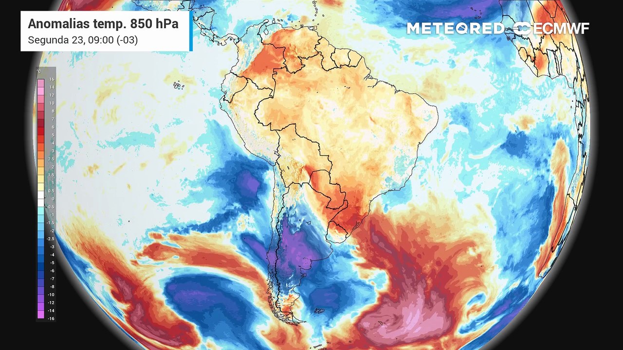 Segunda-feira, 23 de março: anomalias de temperatura do ar em 850hPa