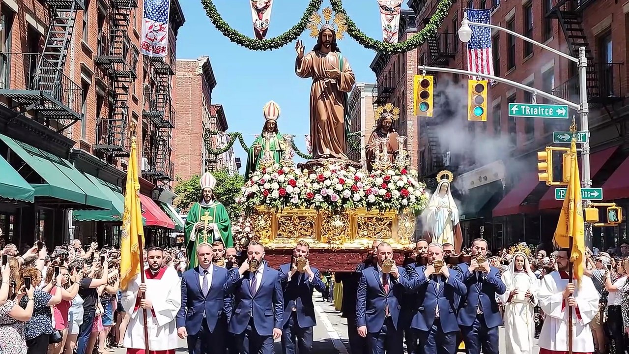 Jesus And The Virgin Mary Procession In The United States | Reverent Faith On A City Street