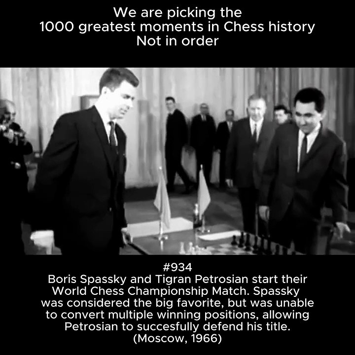 Boris Spassky and Tigran Petrosian start their World Chess Championship Match. Spassky was considered the big favorite, but was unable to convert multiple winning positions, allowing Petrosian to succesfully defend his title. (Moscow, 1966)  Final score: