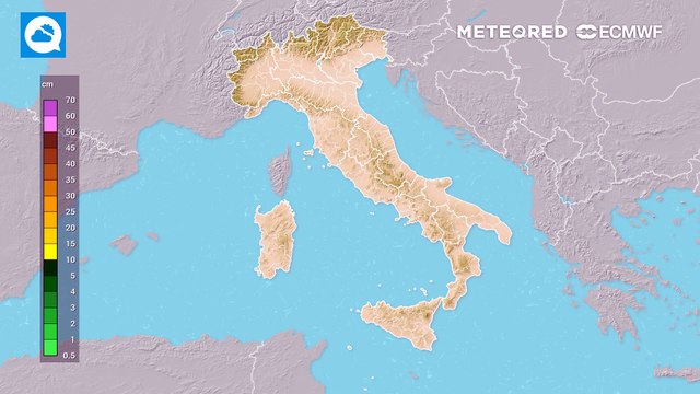 Mappa relativa alle precipitazioni nevose previste nei prossimi giorni