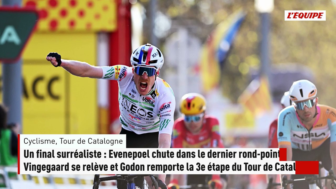 Un final surréaliste : Evenepoel chute dans le dernier rond-point, Vingegaard se relève et Godon remporte la 3e étape - Cyclisme - Tour de Catalogne