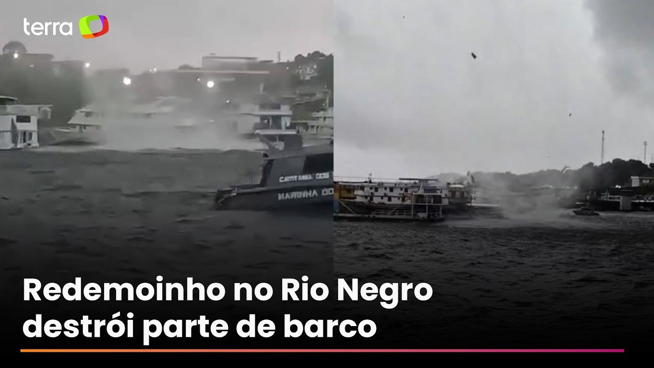 Redemoinho se forma no Rio Negro e destrói parte de barco durante temporal em Manaus