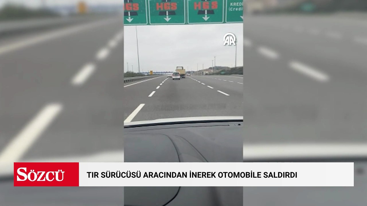 TIR sürücüsünün aracından inerek otomobile saldırması kamerada