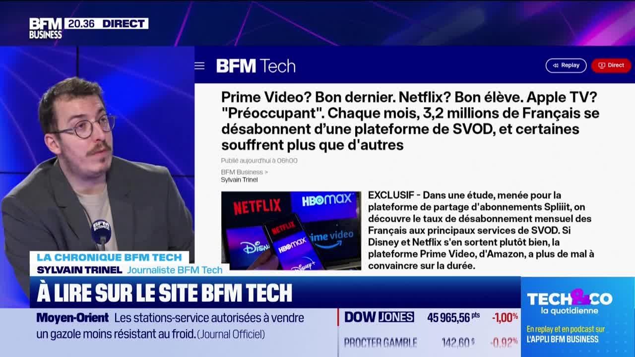 À lire sur le site Tech&Co : "Prime Video? Bon dernier. Netflix? Bon élève. Apple TV? "Préoccupant". Chaque mois, 3,2 millions de Français se désabonnent d’une plateforme de SVOD", par Sylvain Trinel - 26/03