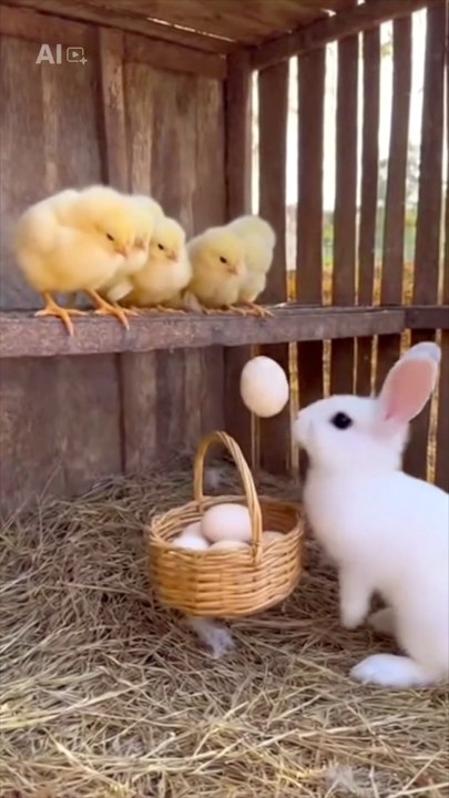 Easter Bunny Picks Eggs from Chicks